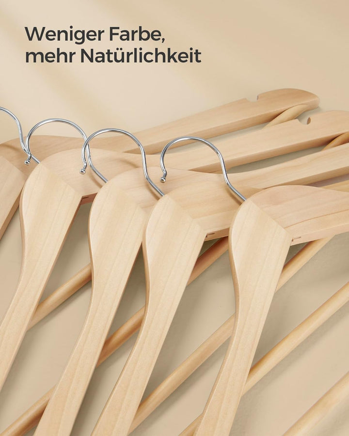SONGMICS Kleiderbügel Holz, 12er Set Bügel, Holzbügel, Einkerbungen im Schulterbereich, Hosensteg, H