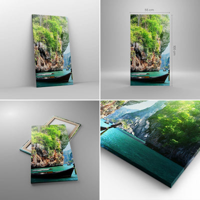 Bilder auf Leinwand 55x100cm Leinwandbild mit Rahmen Boot Klippen Natur Felsen Gross Wanddeko Bild S