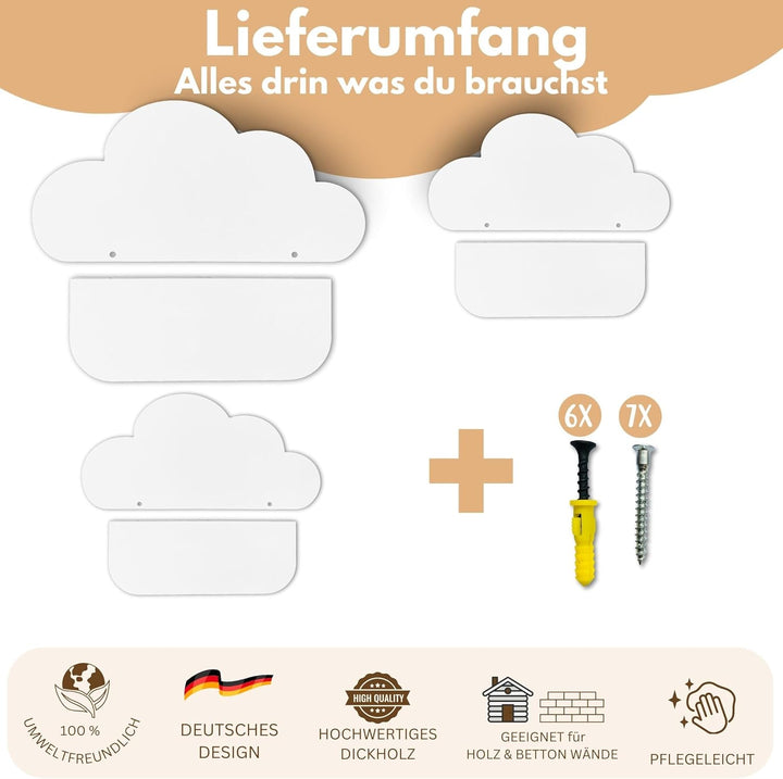 Wolkenregal 3er Set Holz – weiss, pflegeleicht & stilvoll | einfache Montage, nachhaltig & langlebig