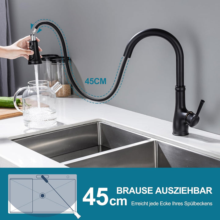 Wasserhahn Küche Schwarz, Küchenarmatur ausziehbar mit Brause, Hochdruck Armatur Küche, Mischbatteri