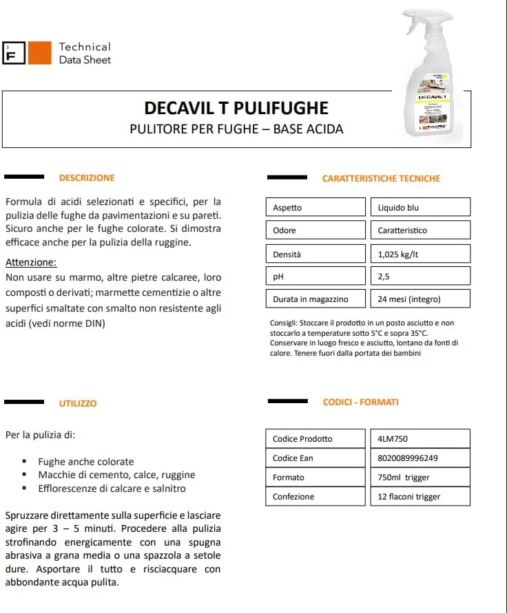 Faren PULITORE ACIDO PER FUGHE DECAVIL T ml. 750 - 12 PZ