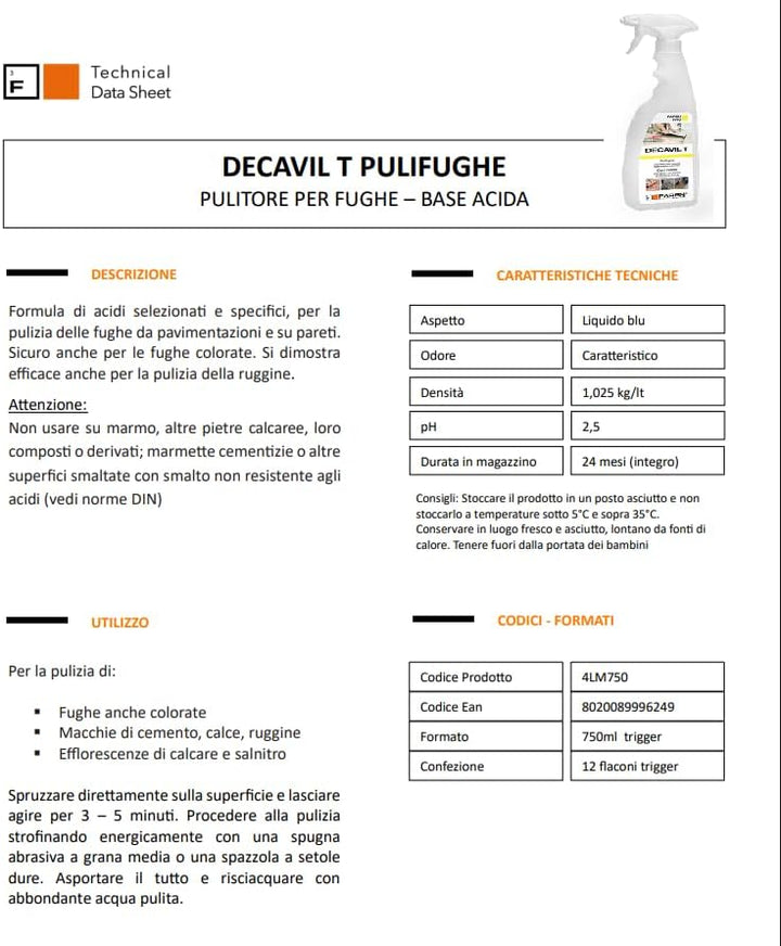 Faren PULITORE ACIDO PER FUGHE DECAVIL T ml. 750 - 12 PZ