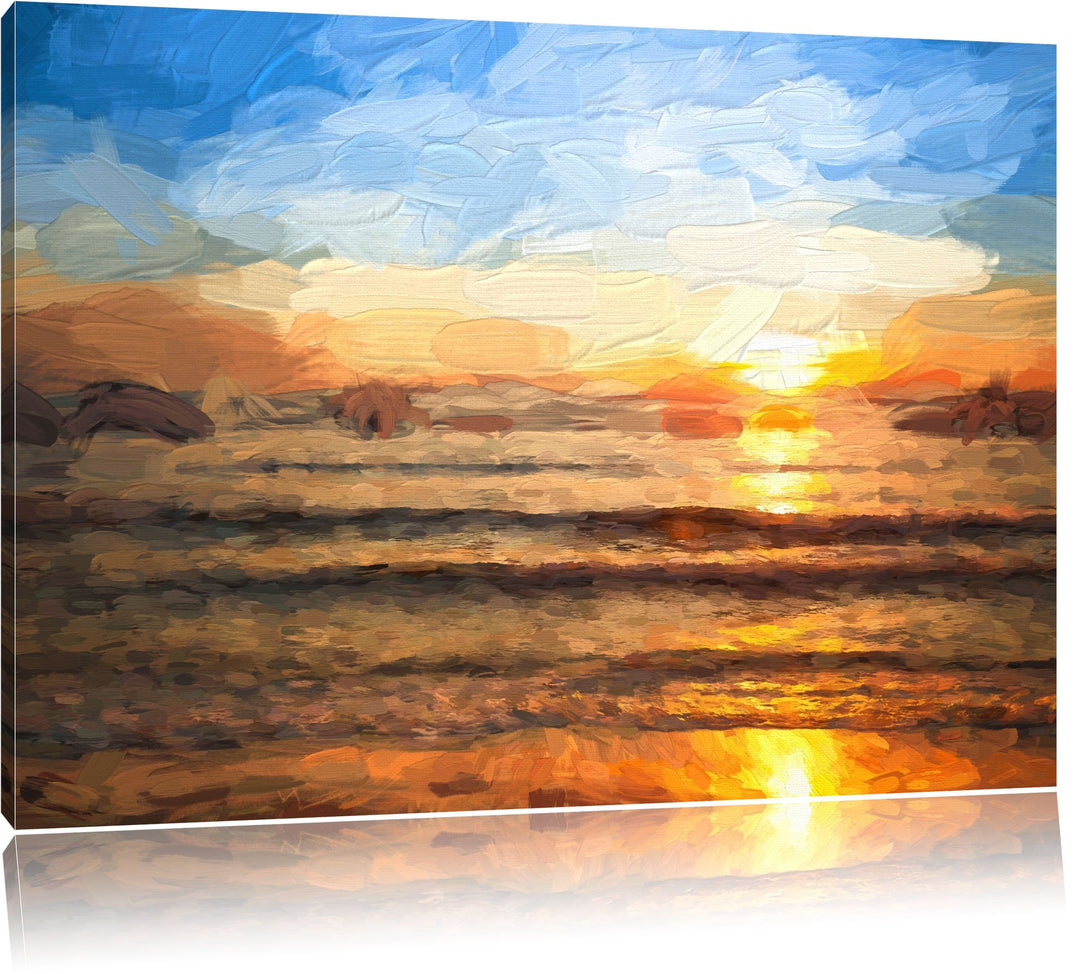 Pixxprint Malibu Beach - Sunrise Water Sand als Leinwandbild/Grösse: 100x70 cm/Wandbild/Kunstdruck/f