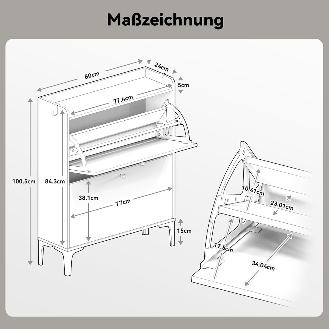 Dripex Schuhschrank schmal, Schuhkipper mit 2 Flip-Schubladen,Schuhregal schmal mit Metallfüssen für