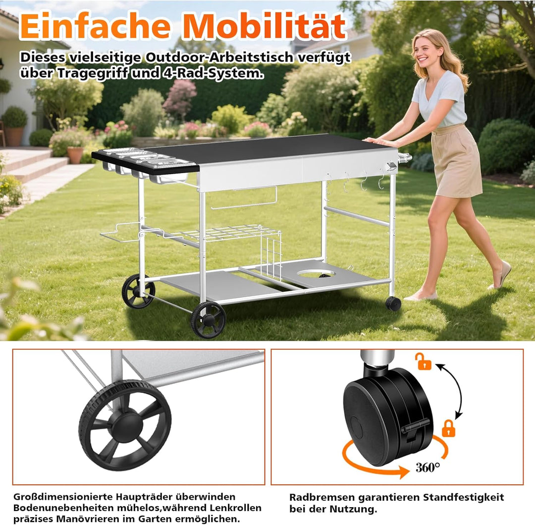 GFTIME 128 x 64 x 78cm Grillwagen Servierwagen für Weber Q Serie, Ninja Woodfire, Pizzaofen, Tischgr
