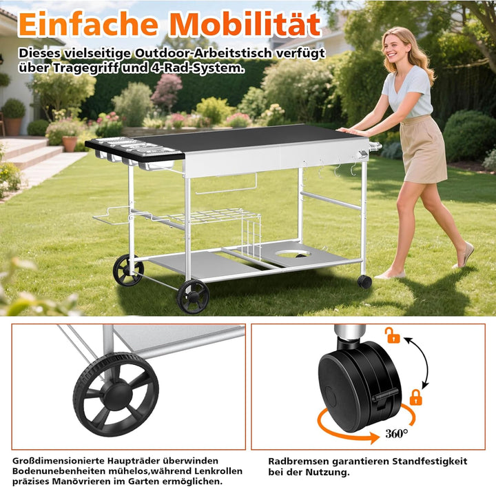 GFTIME 128 x 64 x 78cm Grillwagen Servierwagen für Weber Q Serie, Ninja Woodfire, Pizzaofen, Tischgr