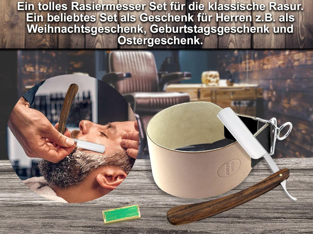 Solingen Schärf Paste im Rasiermesser Set mit extra breitem Leder Streichriemen und Holz Griff Rasie