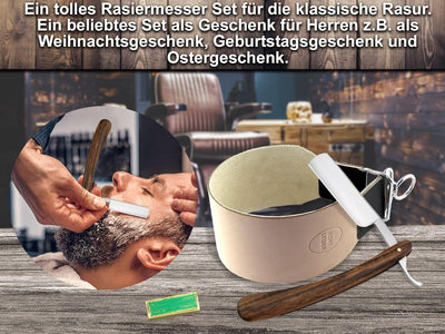 Solingen Schärf Paste im Rasiermesser Set mit extra breitem Leder Streichriemen und Holz Griff Rasie