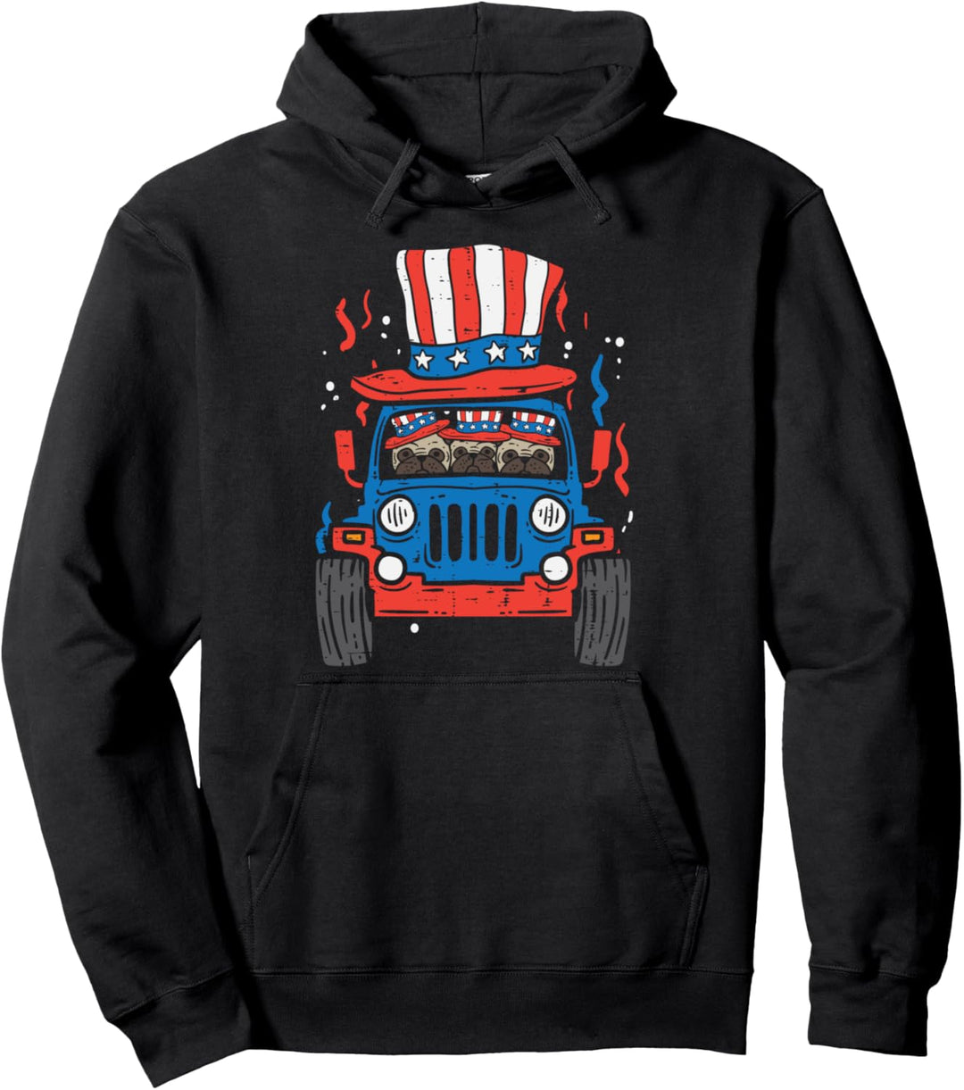 Pugs Monster Truck US Flag 4th Of July Fourth Toddler Boys Pullover Hoodie