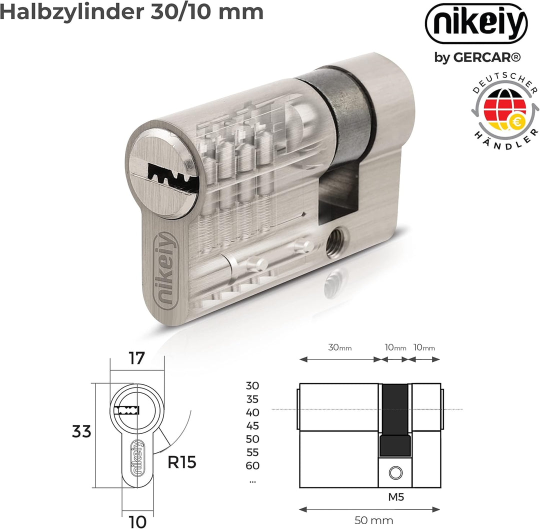 GERCAR Pro Profil-Zylinder 30/10 Halbzylinder - Schliesszylinder aus Messing Vernickelt - Garagentor