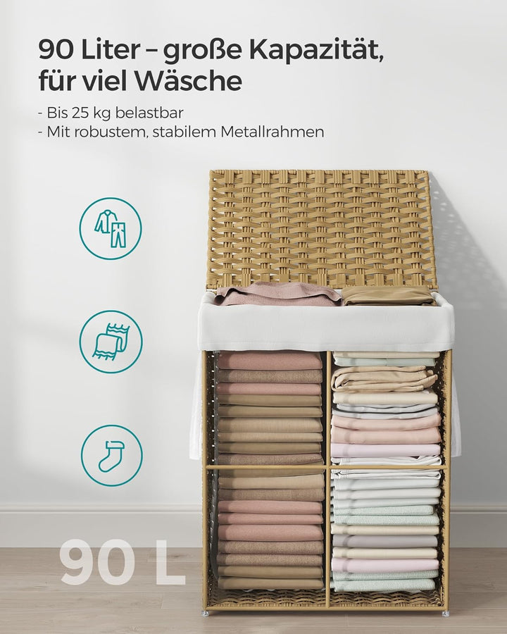 SONGMICS Wäschekorb 90 Liter, handgeflochten, Wäschesammler aus synthetischem Rattan, mit Deckel und