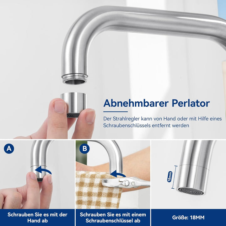 CECIPA Niederdruck Armatur Küche, 360° Drehbare Küchenarmatur Niederdruck, Wasserhahn mit 3xG3/8 Ans