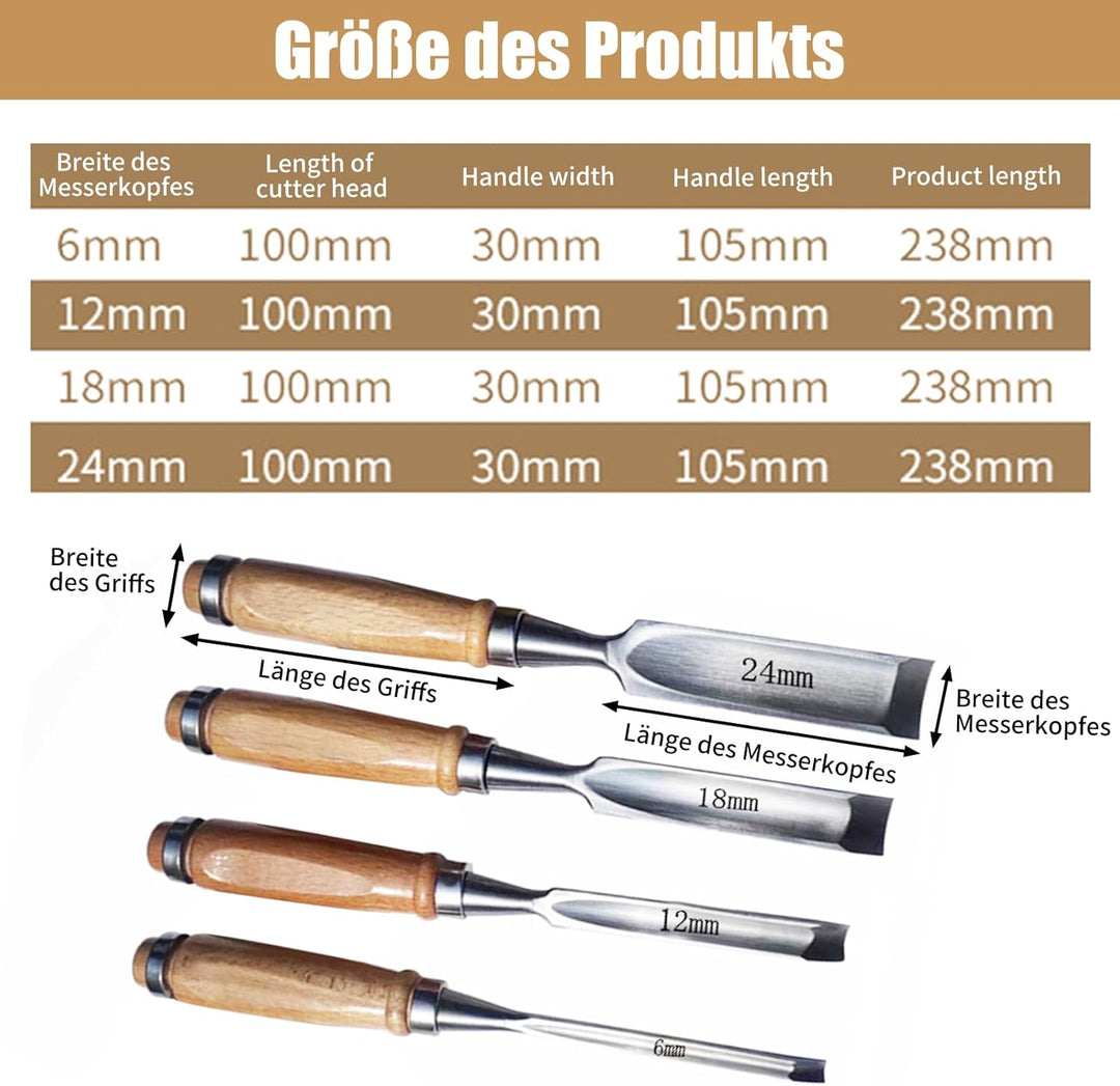 4 Stück Holz Meissel Set, Stechbeitel Rund Gebogen Hohlbeitel Werkzeuge Set, CR-V Stahl halbkreisför