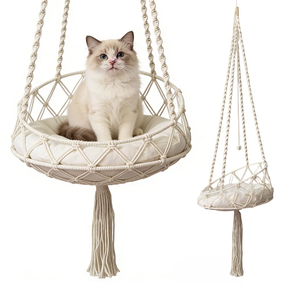 Katzenschaukel, HOVCEH Boho Makramee Katzen Hängematte mit Katzenspielzeug-Stick, 40cm Katzenhängema