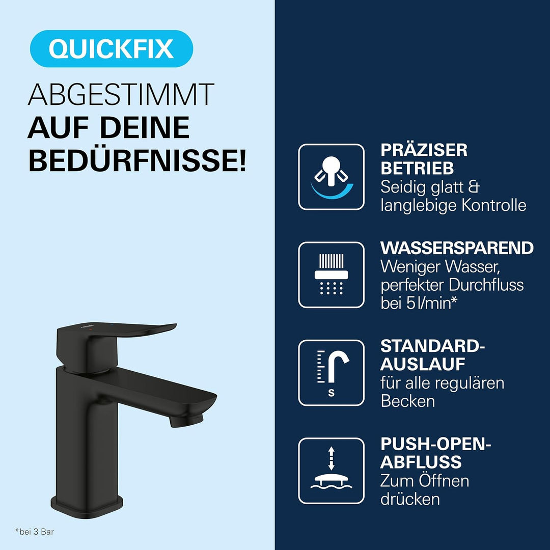 GROHE Dice, Waschtischarmatur, wassersparend (Wasserhahn für das Bad, Badarmatur mit Push-Open Ablau
