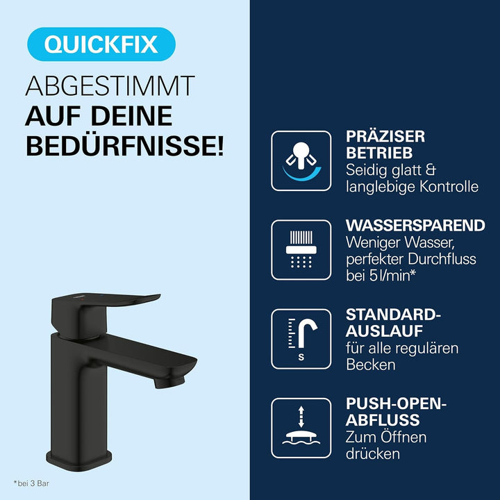 GROHE Dice, Waschtischarmatur, wassersparend (Wasserhahn für das Bad, Badarmatur mit Push-Open Ablau