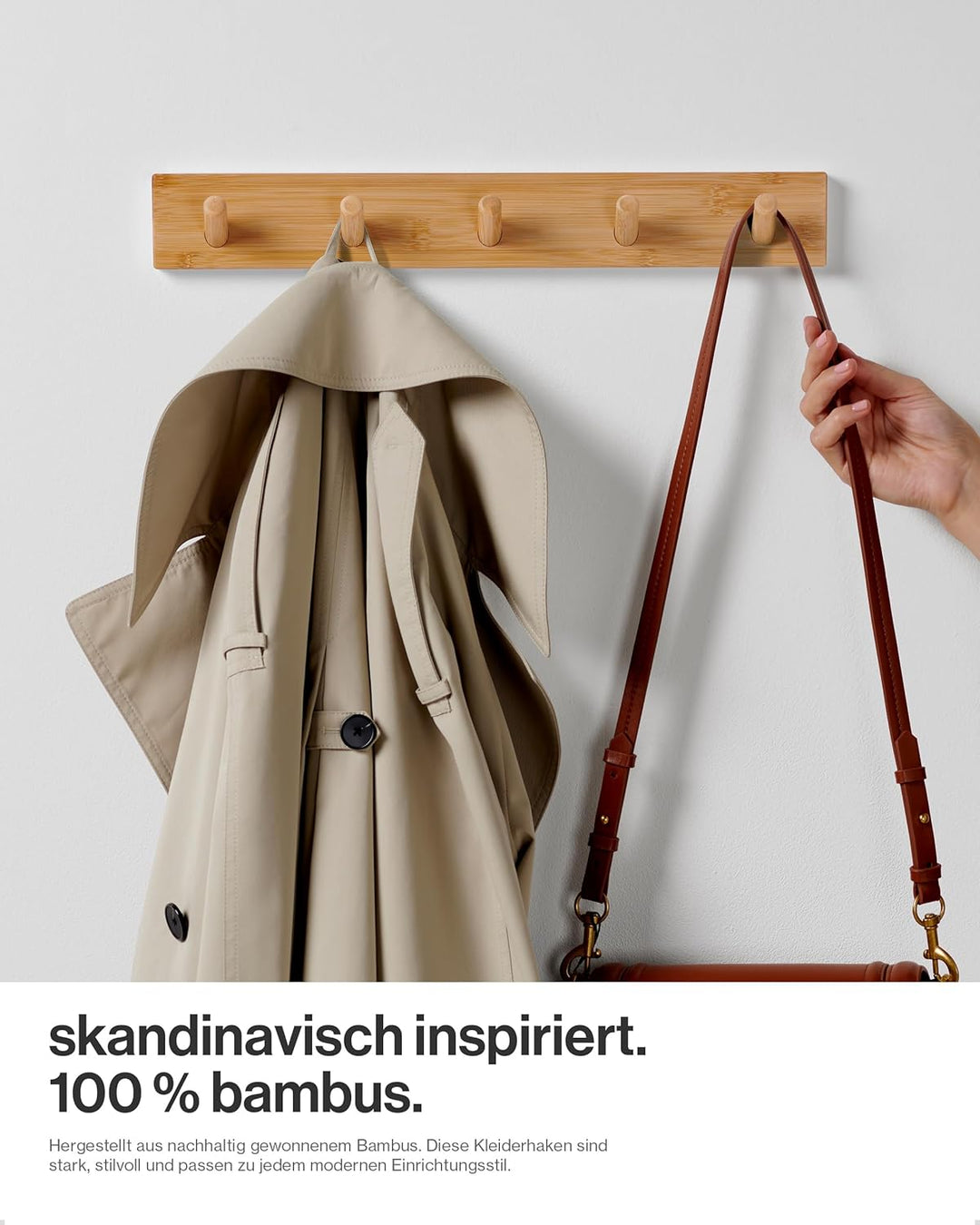 LARHN Garderobenhaken Holz (2 Stück) - Garderobenleiste Holz mit 5 Haken - 43 cm - Kleiderhaken Wand