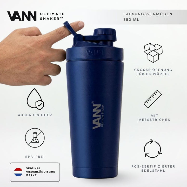 VANN Shaker Proteinshake 750ML - Thermo Shaker Edelstahl [12h kalt], Ideal als Schüttelbecher [Gym,