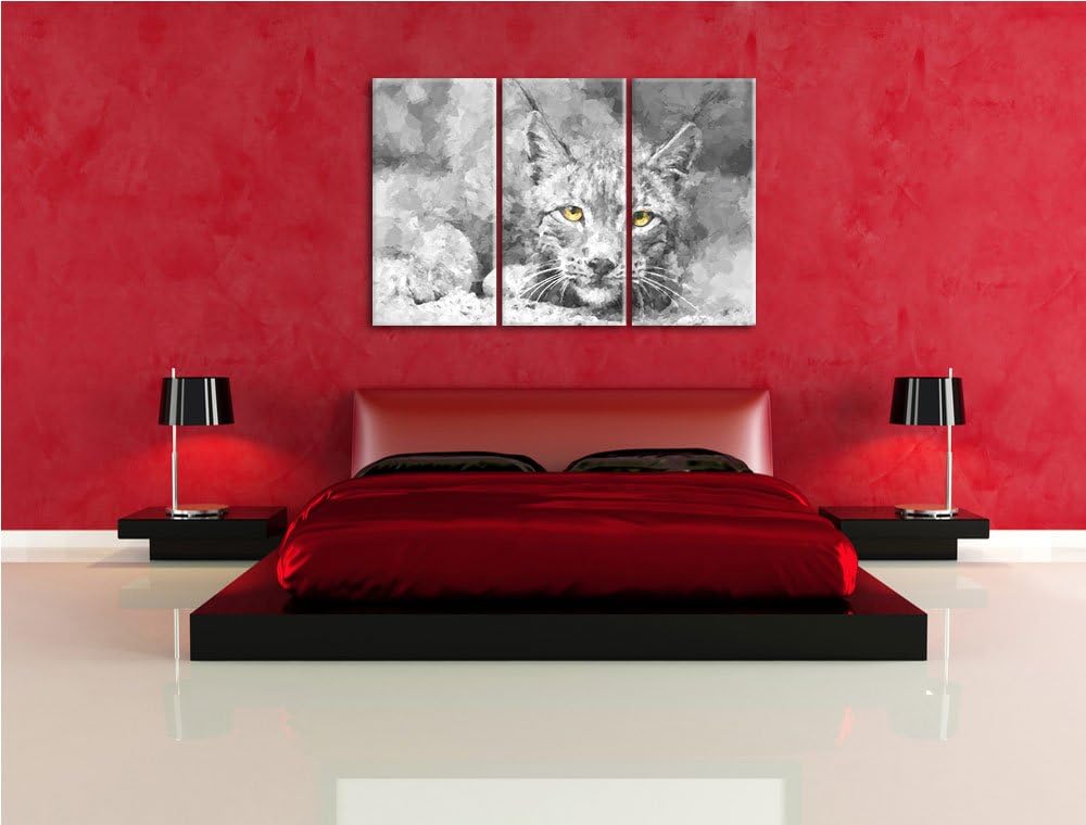 schöner wachsamer Luchs schwarz/weiss Deluxe 3-Teiler Leinwandbild 120x80 Bild auf Leinwand, XXL rie