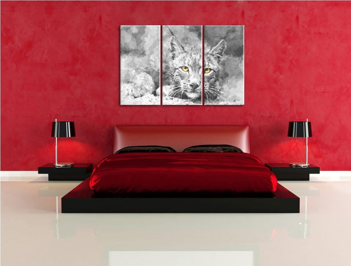 schöner wachsamer Luchs schwarz/weiss Deluxe 3-Teiler Leinwandbild 120x80 Bild auf Leinwand, XXL rie