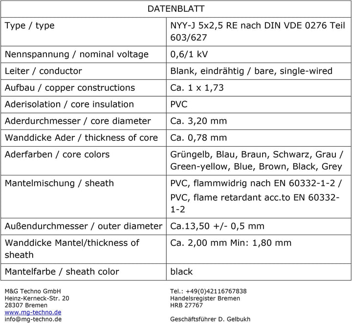 M&G Techno 50m NYY-J 5x2,5 mm² Erdkabel Elektrokabel Beton und Freien Kupfer Made in Germany Schwarz