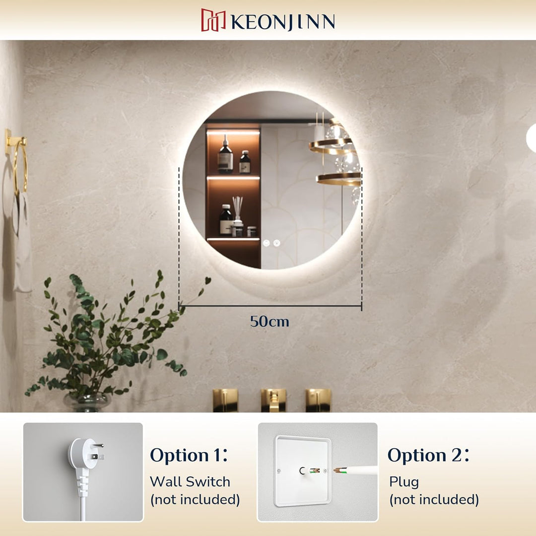 Keonjinn Badspiegel mit Beleuchtung Rund 50cm, Badezimmerspiegel mit Beschlagfrei Touch Schalter Spe