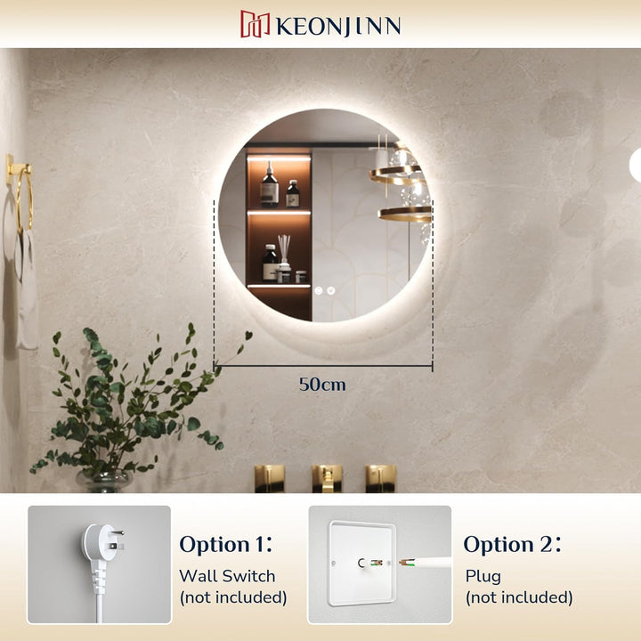 Keonjinn Badspiegel mit Beleuchtung Rund 50cm, Badezimmerspiegel mit Beschlagfrei Touch Schalter Spe