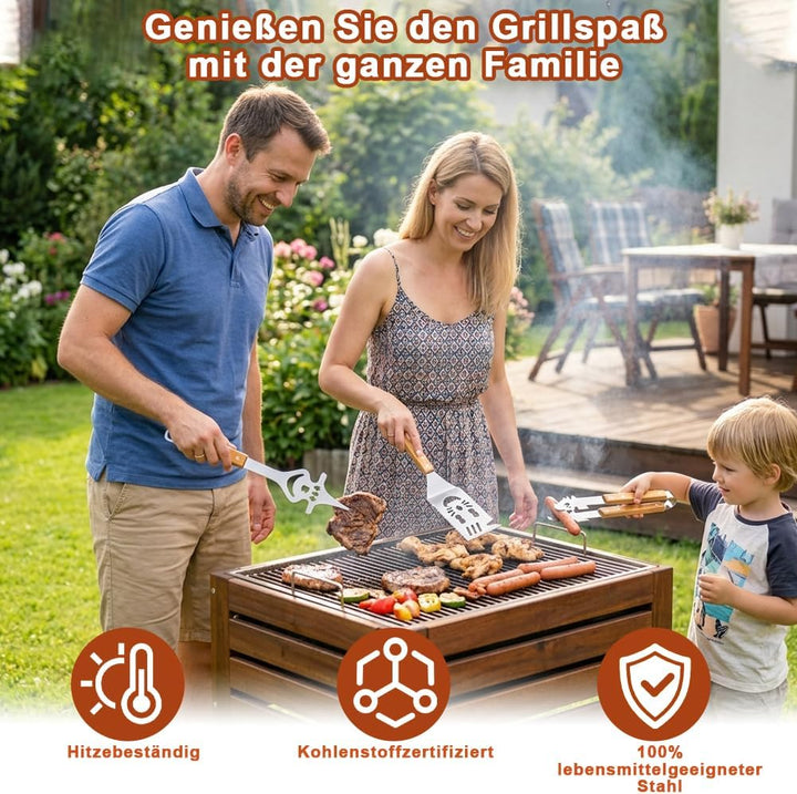 3-teilig Edelstahl BBQ Grillbesteck Set mit Holzgriﬀen, BBQ Zubehör mit Grillzange, Spatel und Gabel