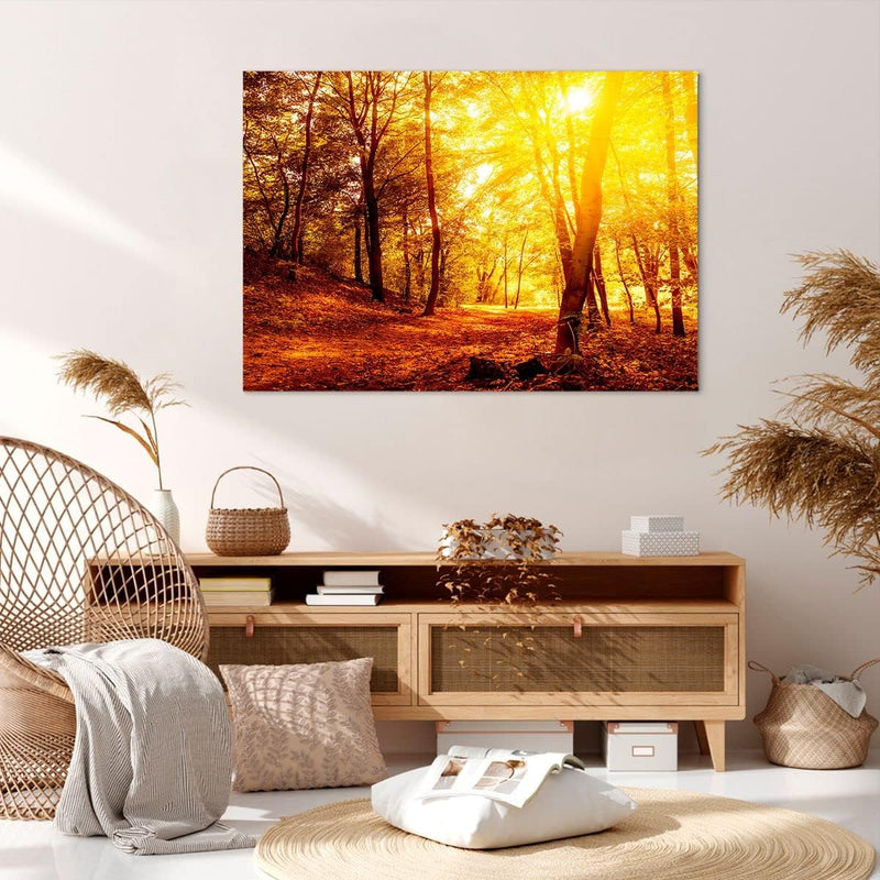 Bilder auf Leinwand 100x70cm Leinwandbild mit Rahmen Wald Baum Natur Gross Wanddeko Bild Schlafzimme