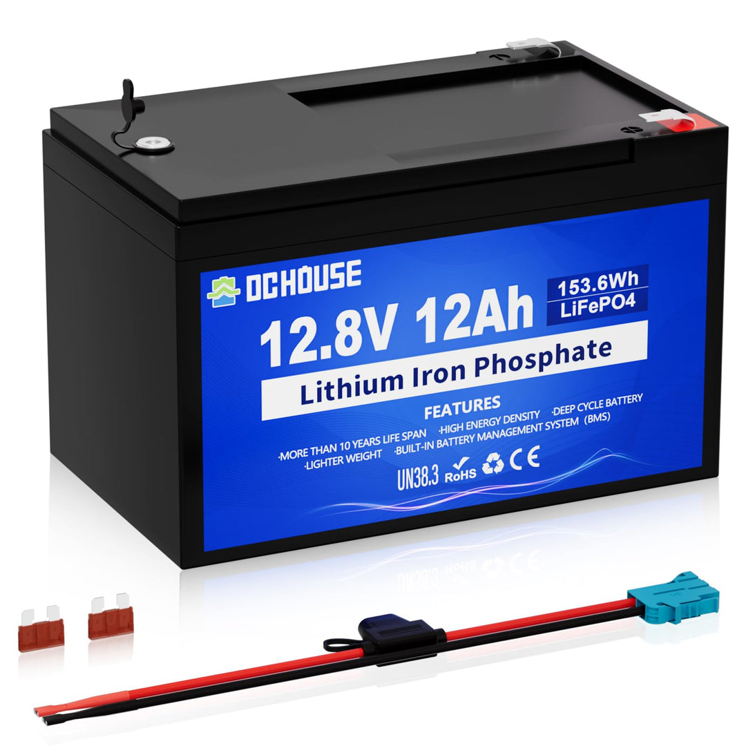 DCHOUSE 12V 12AH LiFePO4 Lithium Batterie mit 15A BMS, 10 Jahre Lebensdauer, 10000+ Zyklen, für Mari