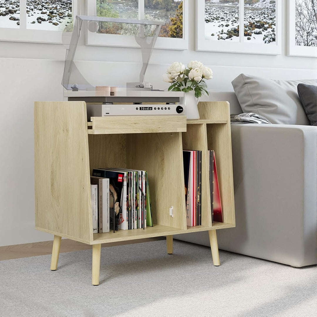 Kiasthome Schallplattenschrank Hellholz mit Rattan, Niedriger Vinyl Schrank mit 2 Vinyl-Fächern &amp; Ra