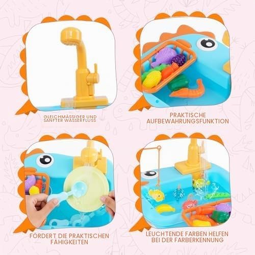 Küchenspüle Spielzeug Set mit Angelspiel, Kinderspüle mit Fliessendem Wasser, Spülbecken Kinderküche