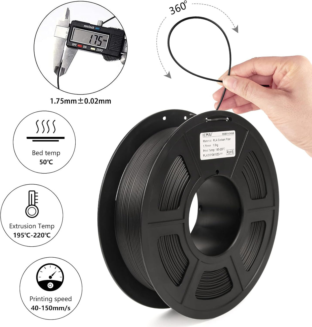 IEMAI PLA Kohlefaser Filament 1,75 mm, 3D Drucker Filament Carbon Fiber Filament 1.75 PLA Gefüllt mi