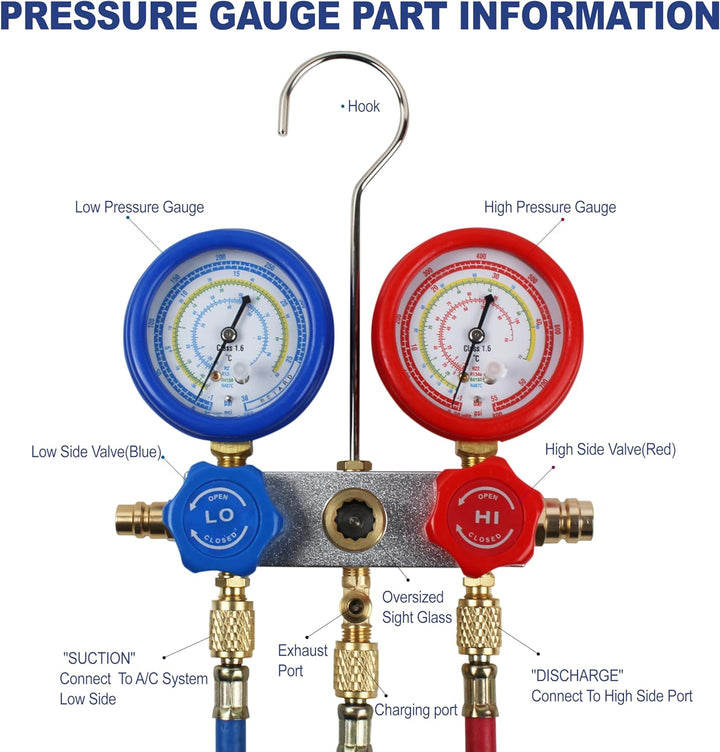 BACOENG Klimaanlage Split Monteurhilfe Kfz R134A R410A R407C R22 mit Schlauchset Schnellkupplung Man