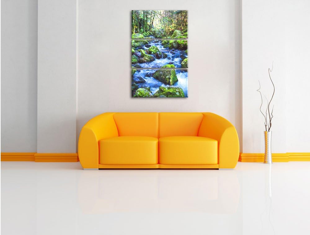 Pixxprint Wilder Bach im Wald als Leinwandbild/Grösse: 3 Teilig (120x80) cm/Wandbild/Kunstdruck/fert