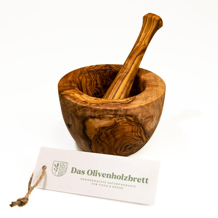 DAS OLIVENHOLZBRETT® Olivenholz Mörser und Stössel glatt/Olivenholzmörser SET/robuster Holzmörser/Ge