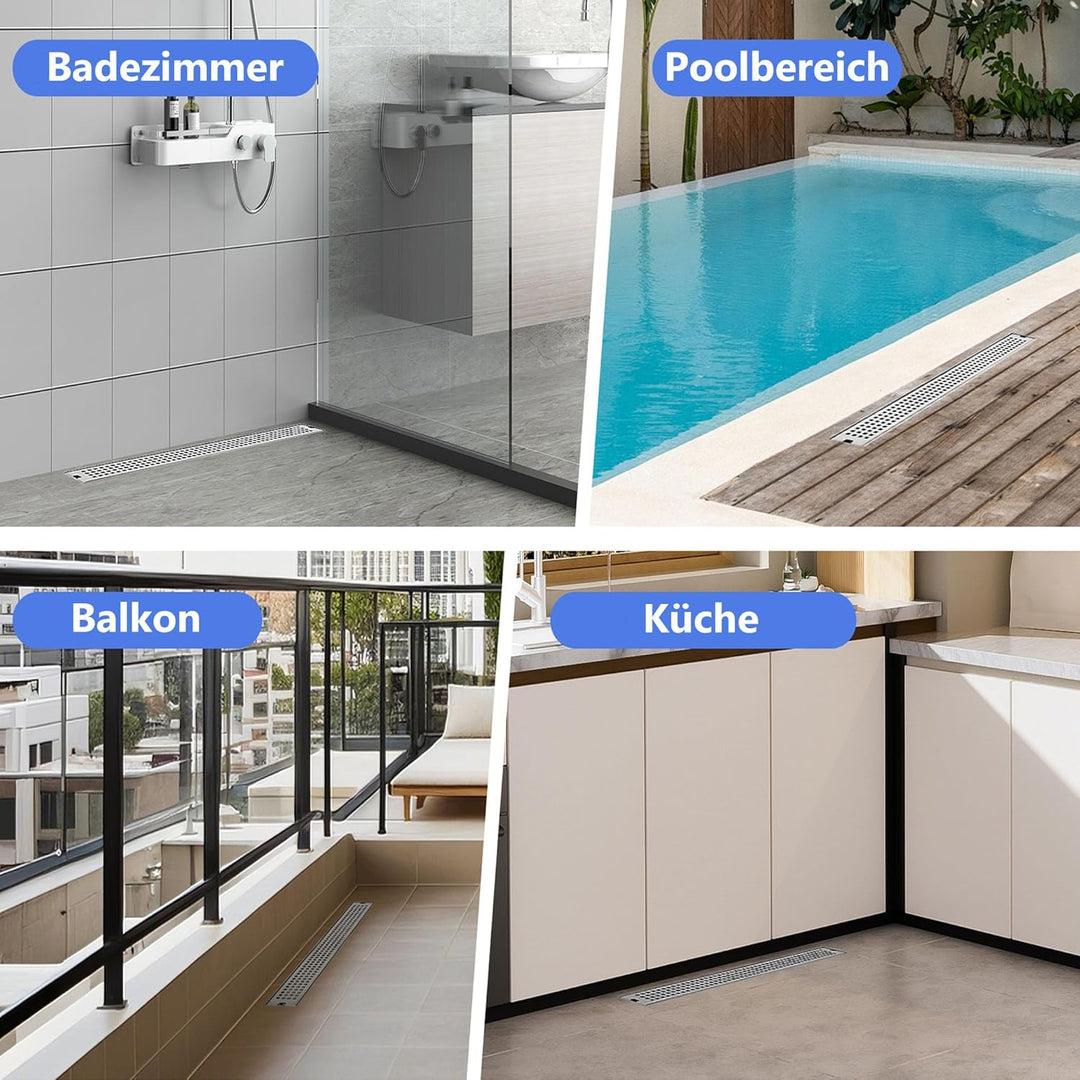 uyoyous Strip Duschrinne 60 cm Komplettset Extra Flach,Edelstahl Duschablaufrinne Senkrechter Ablauf