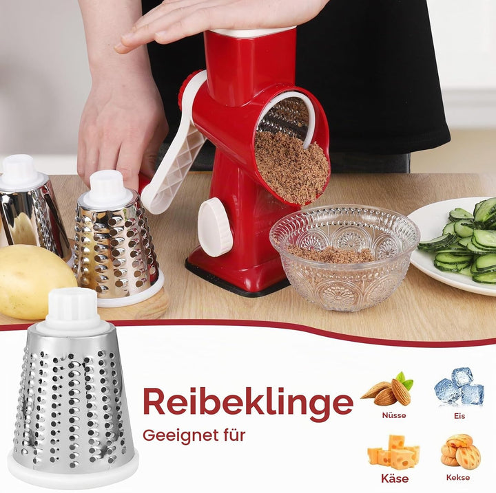 Dreamhigh Käsereibe mit Kurbel, Gemüseschneider 3 Edelstahl Austauschbaren Trommelklingen, Manuelle