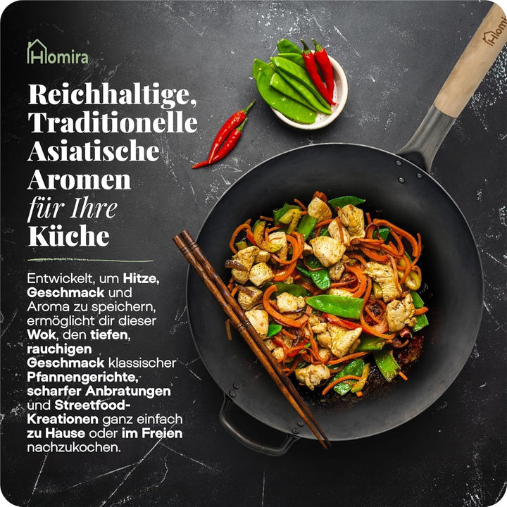 Homira Wok 36 cm handgehämmert aus Karbonstahl mit flachem Boden und Holzgriff – traditionelle PFAS-