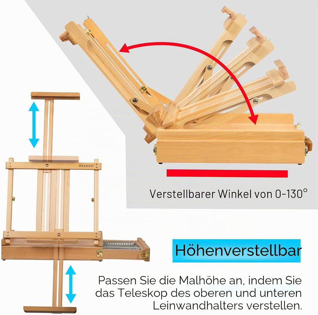 MEEDEN Skizzenkasten Tischstaffelei mit Metallschublade - Verstellbare Staffelei &amp; Skizzenbox aus ma