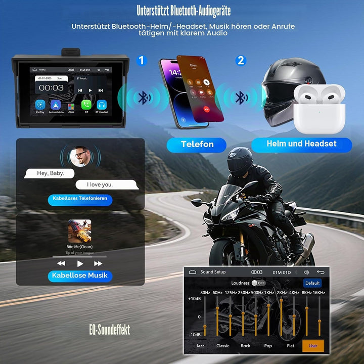 SIXWIN Carplay Motorrad Display für Moto mit Wireless Carplay Android Auto, 5 Zoll HD Touchscreen Bi