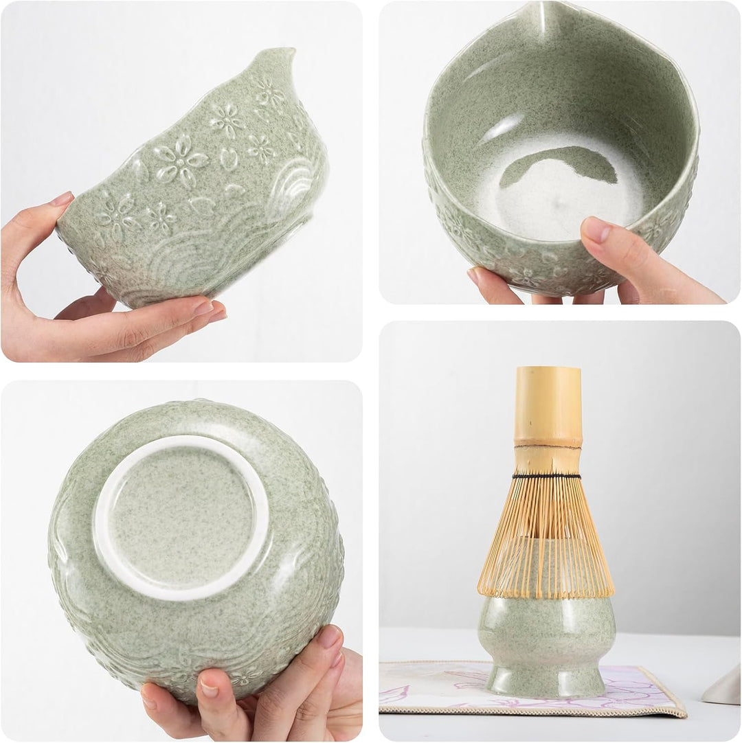7PCS Matcha Set，500ML Ceramic Matcha Bowl with Spout，Matcha Broom and Holder, Bamboo Scoop, Stainles
