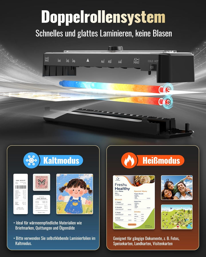 Laminiergerät A3 für A3 A4 A5 A6 A7 mit 50 Laminierfolien, Heiss und Kalt Laminiermaschinen mit Papi
