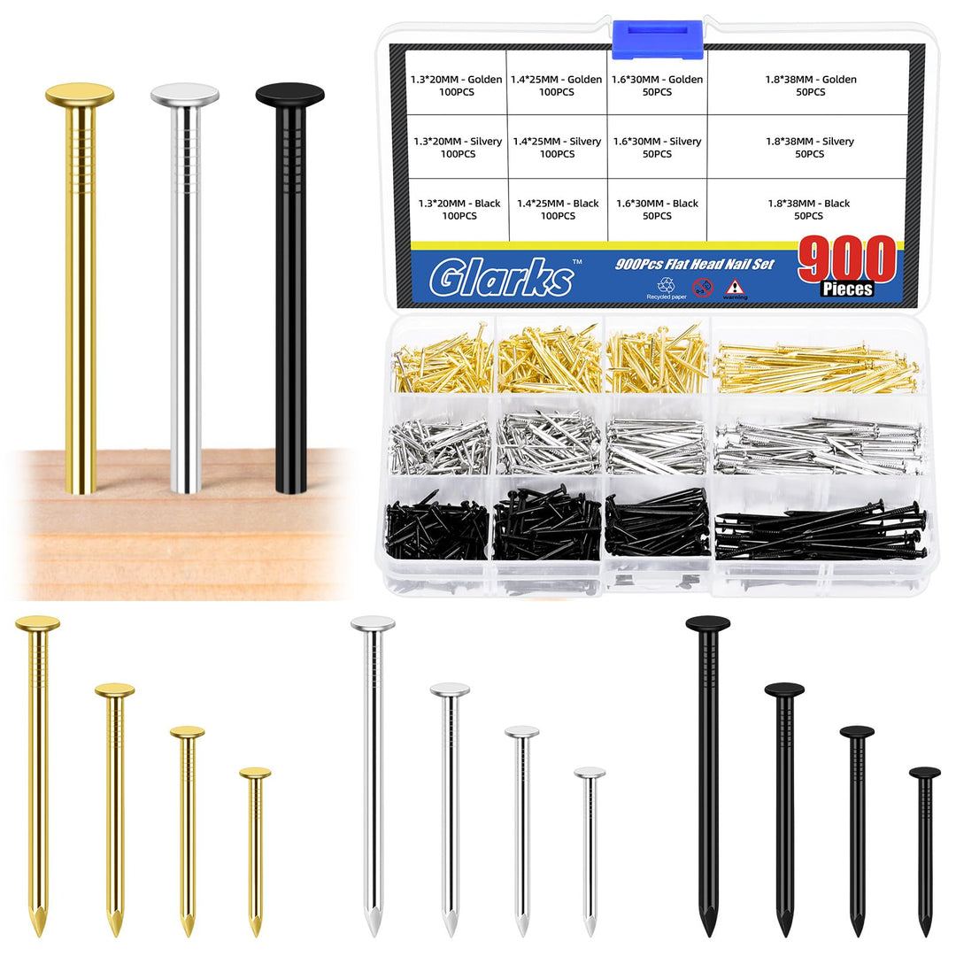 Glarks 900pcs 20/25/30/38mm Länge Nagel Sortiment Kit, Schwarz Silber Gold Farben hängende Nägel, Fi