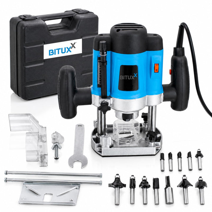 Bituxx 1200W Oberfräse Fräse Kantenfräse Holzfräse Parallelanschlag, Absaugadapter inklusive 12 tlg.