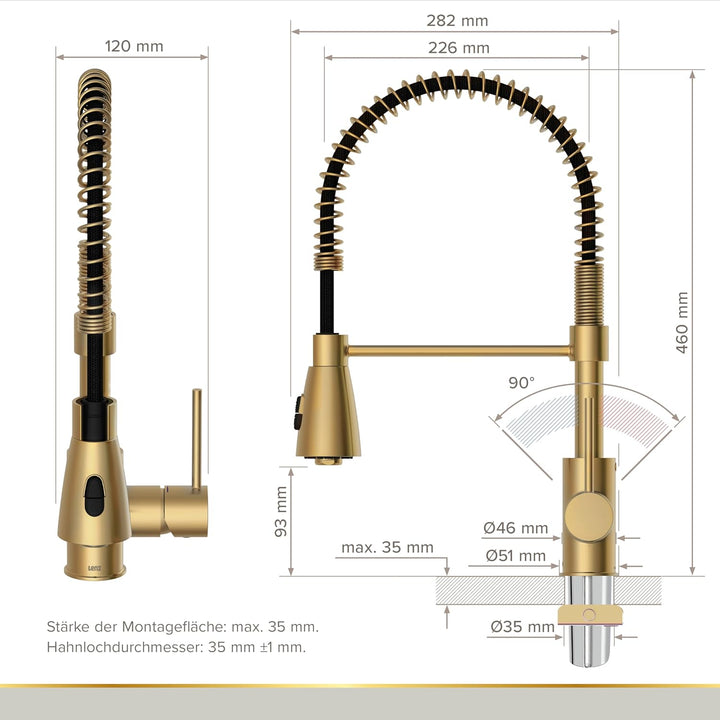 Lenz Küchenarmatur KALANI² in Gold-Optik – Pendelbrause mit 2 Strahlarten & 360° schwenkbarer Bogena