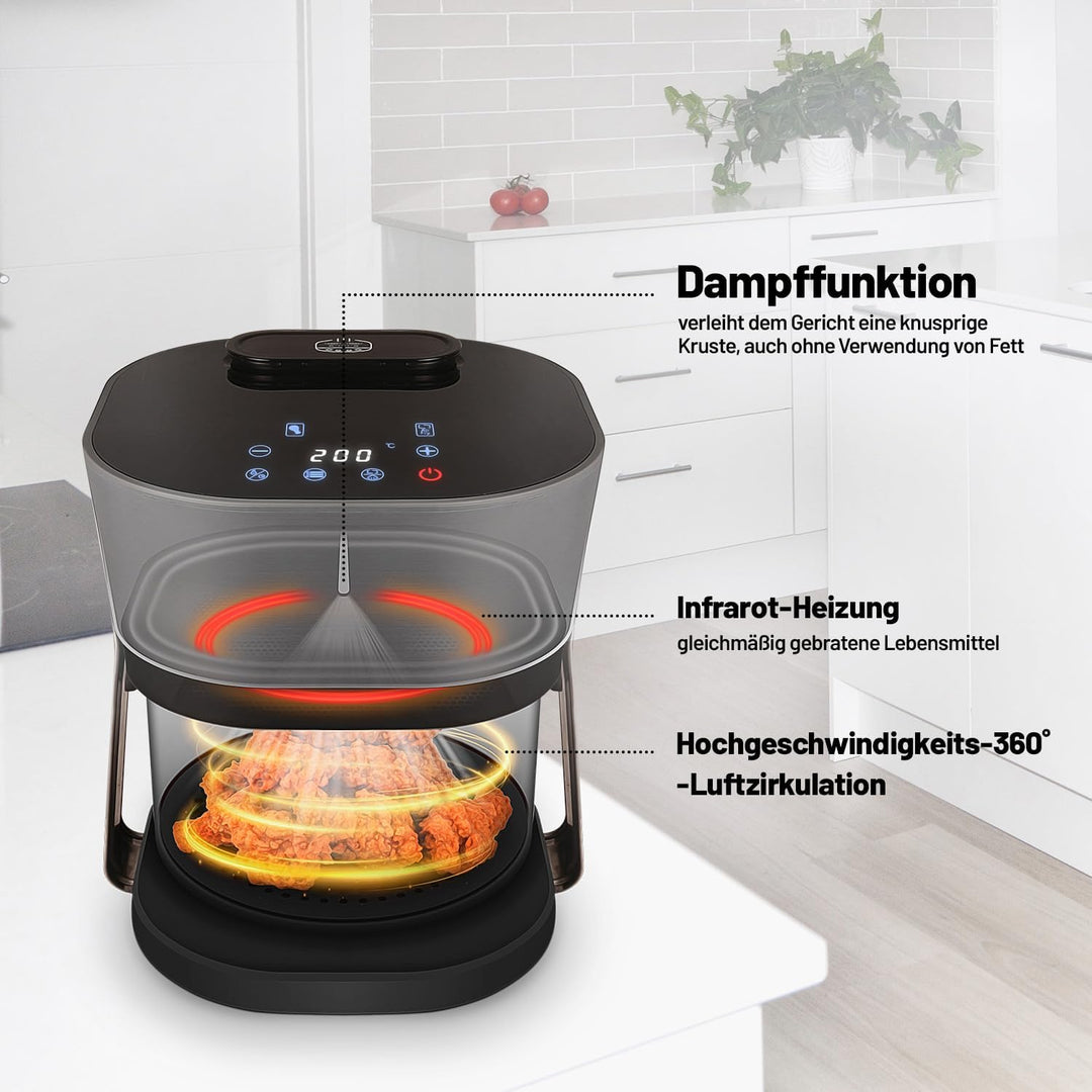 Lauben Glass&Steam Heissluftfritteuse 4500BG Air Fryer mit Glasfrittierkorb, Dampffunktion, 8 Progra