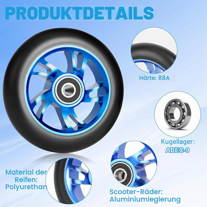 100mm Stunt Scooter Rollen Roller Reifen, 2 Stück Scooter Ersatzräder mit ABEC-9 Lagern, Härtegrad 8