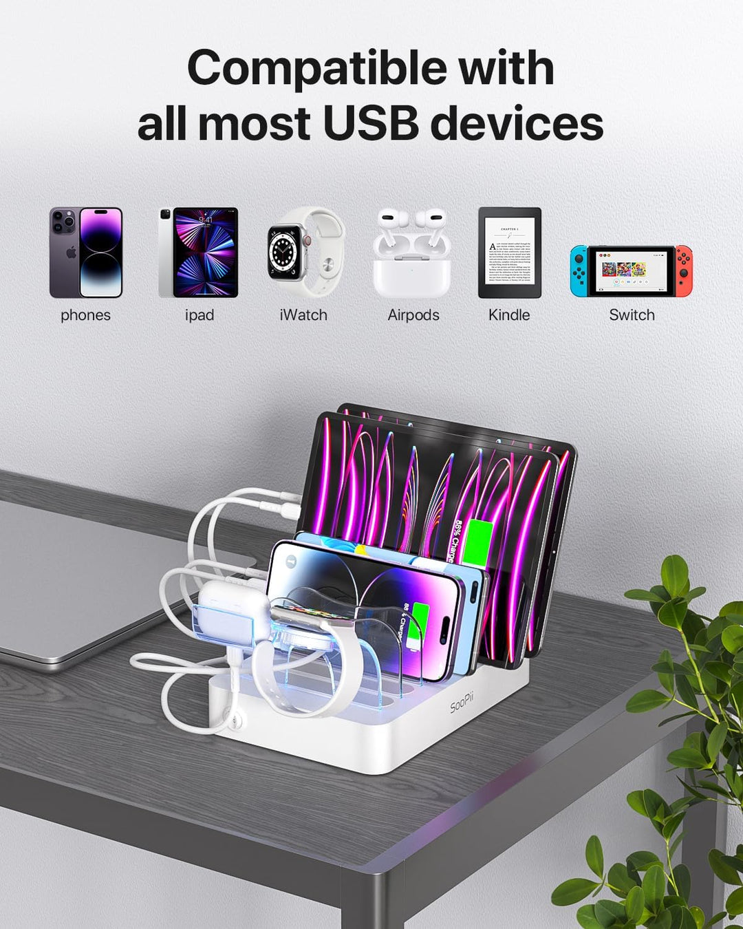 SooPii USB-Ladestation Organizer für mehrere Geräte, 6 Ports 50W Ladestation mit 6 Kabeln und aktual