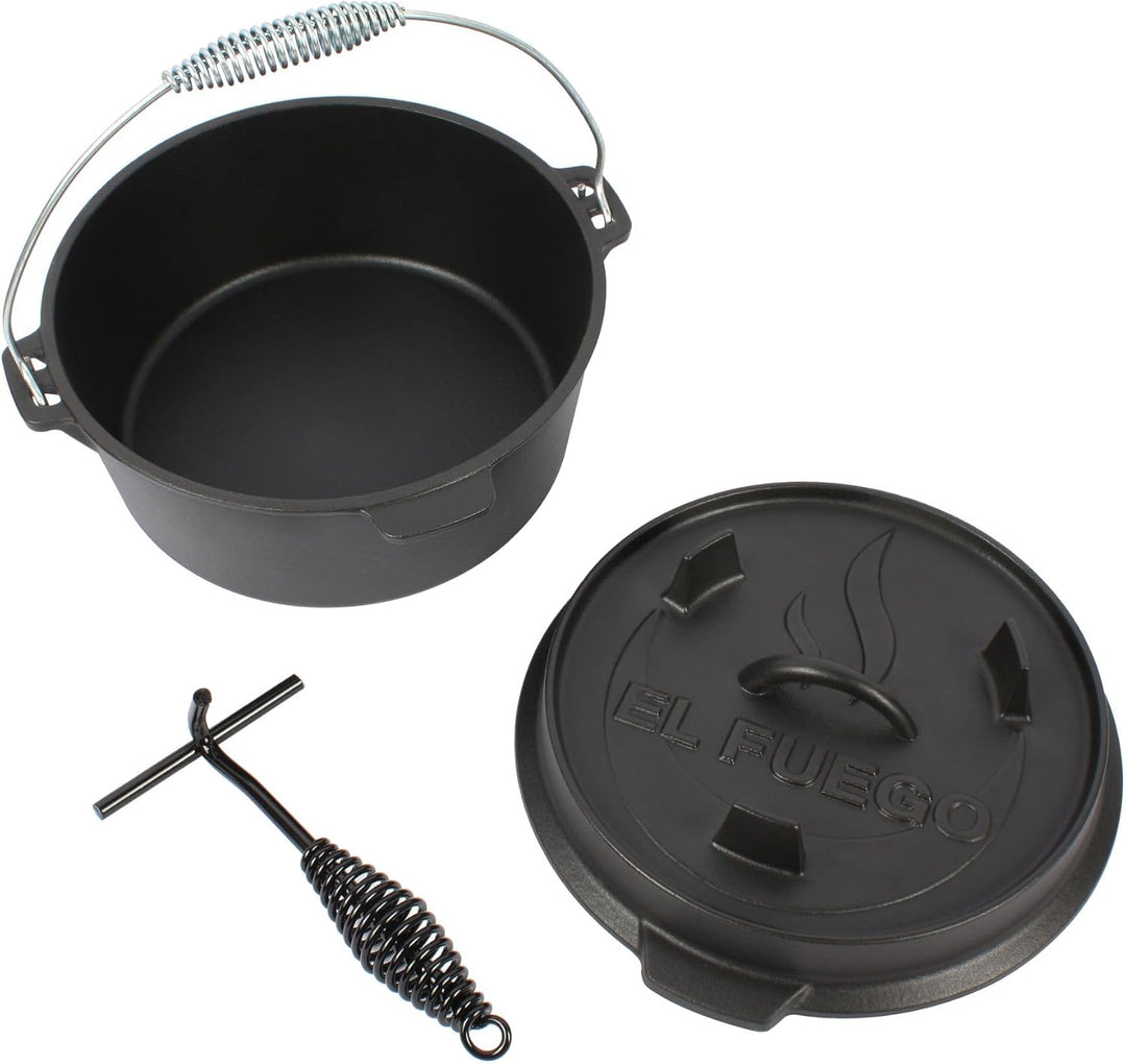 Dutch Oven 4,5 Liter von El Fuego®, 100% Gusseisen, inkl. Schürhaken und Tragebügel, Camping & Outdo